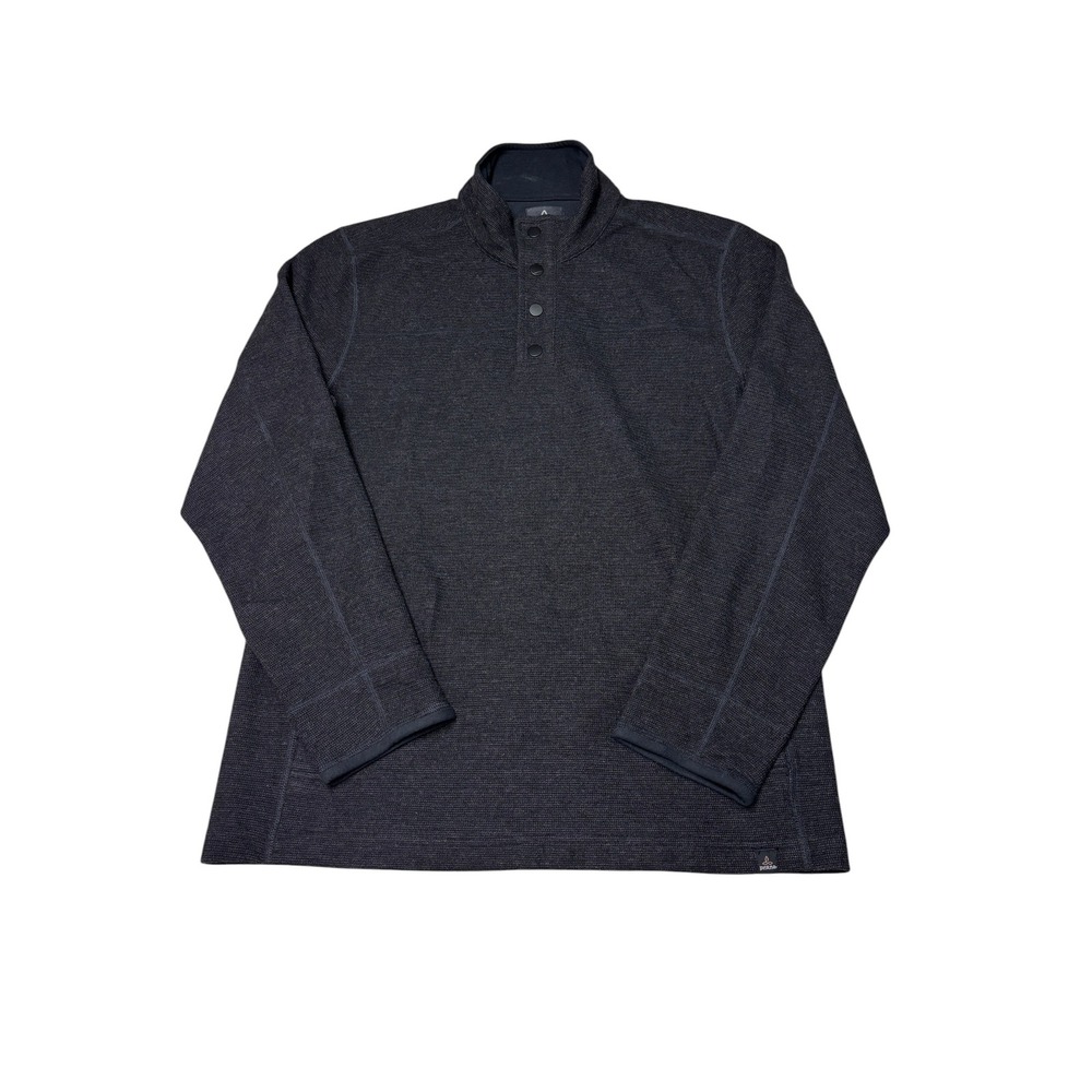 Prana Mens Large Charcoal Gray Recycled Wool Blend Fleece Lined Snap Pullover